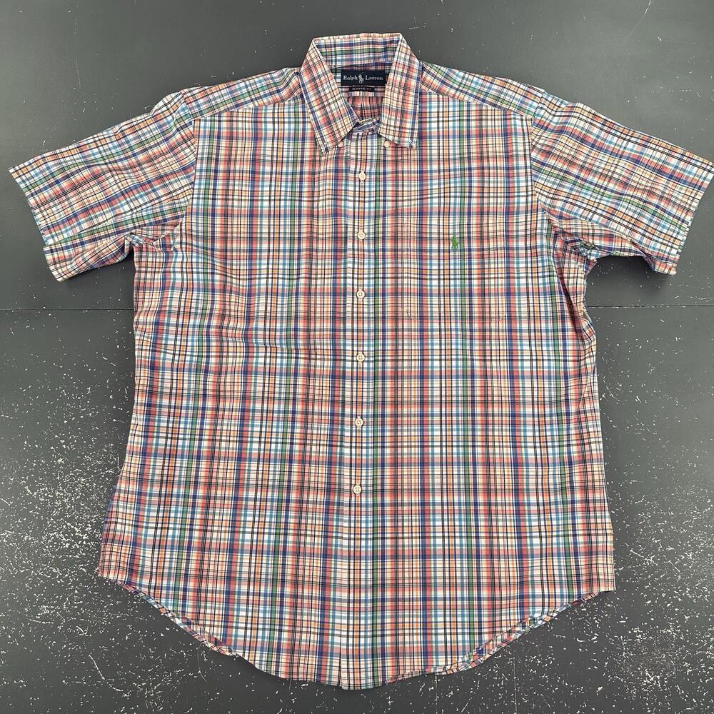 Ralph Lauren Dress Shirt Mens Large Micro Check Teal Black Orange Short Sleeve - Picture 3 of 6